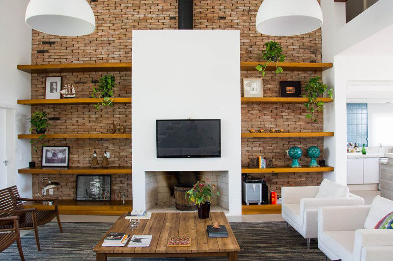 tv wall design ideas with shelf and brick wall luxazin