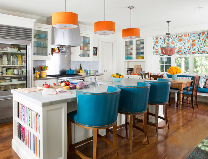 kitchen work triangle orange pendant blue chair