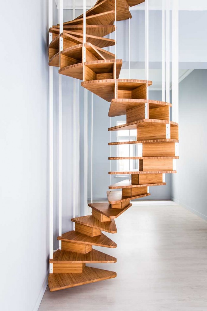 floating curved wooden stairs