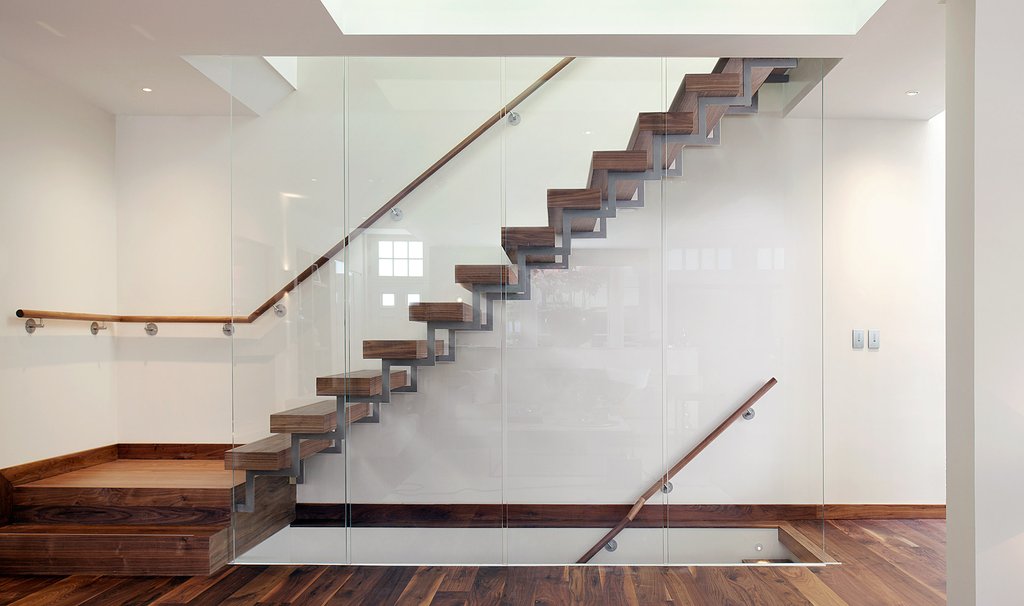 suspended staircase wooden glass