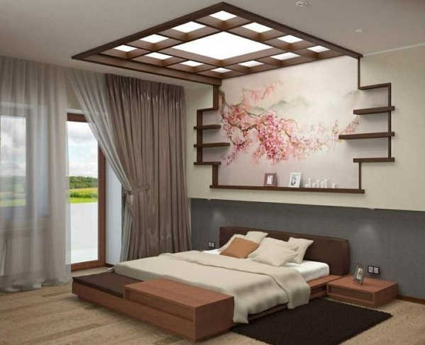 Japanese bedroom style with simple headboard and ceiling decoration