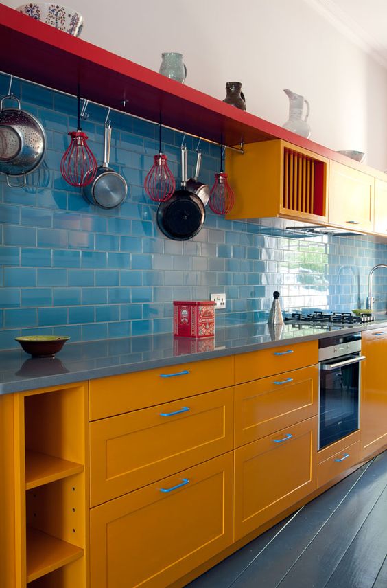 astonish orange kitchen cabinet with blue tiles luxazin