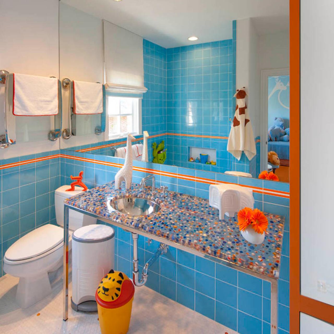 bathroom with blue tile wall and accented orange line luxazin