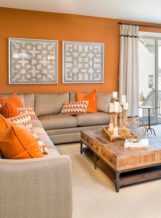 beautiful modern desing living room with orange wall