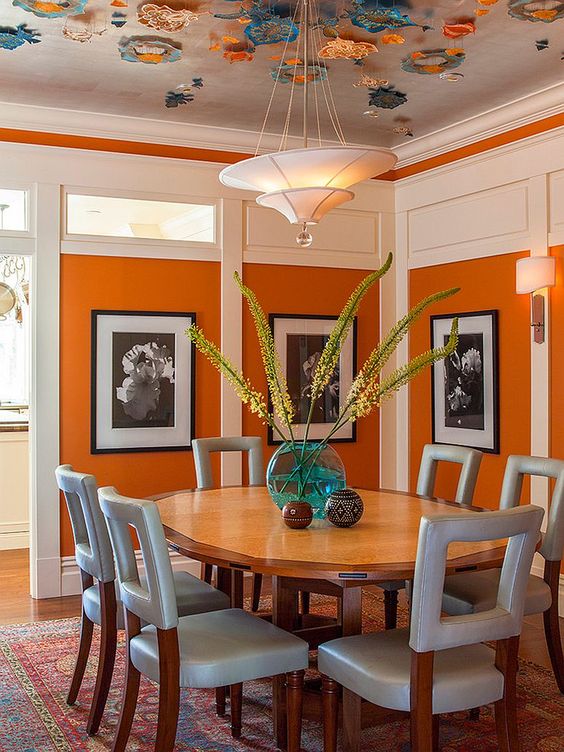 beautiful modern dining room with orange wall and grey chairs luxazin