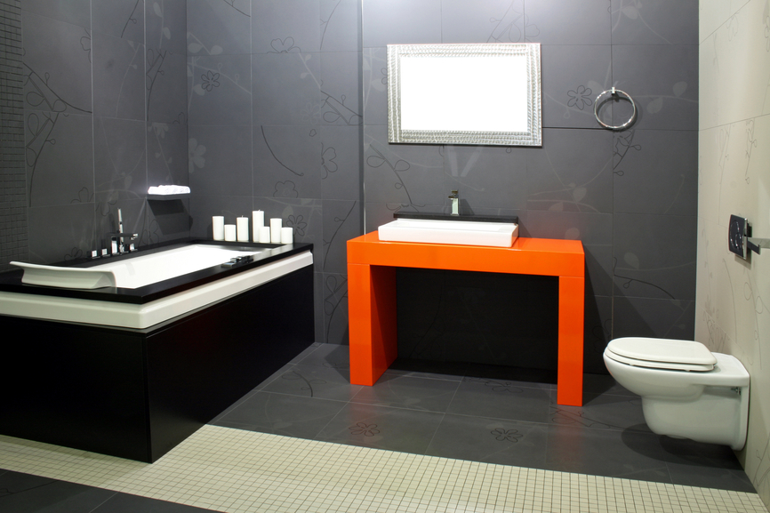 contemporary bathroom with accented arange sink and amazingly painted wall luxazin