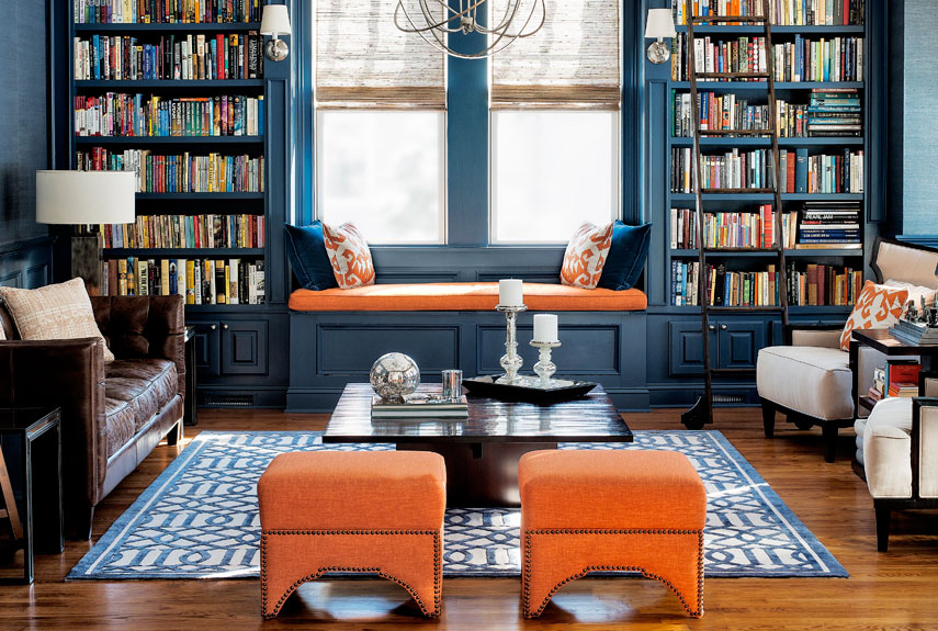 modern design living room with navy and orange color luxazin