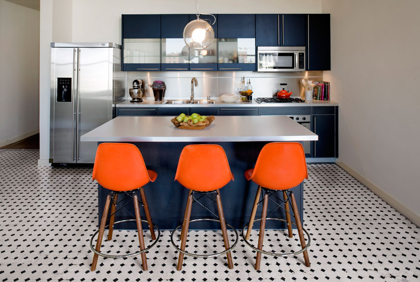 navy kitchen cabinets with orange chairs modern design luxazin