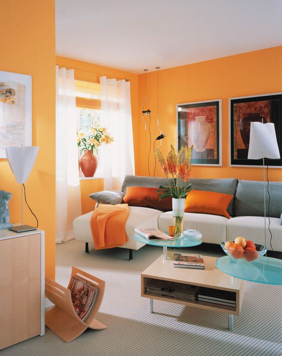orange wall for livingroom with white furniture luxazin